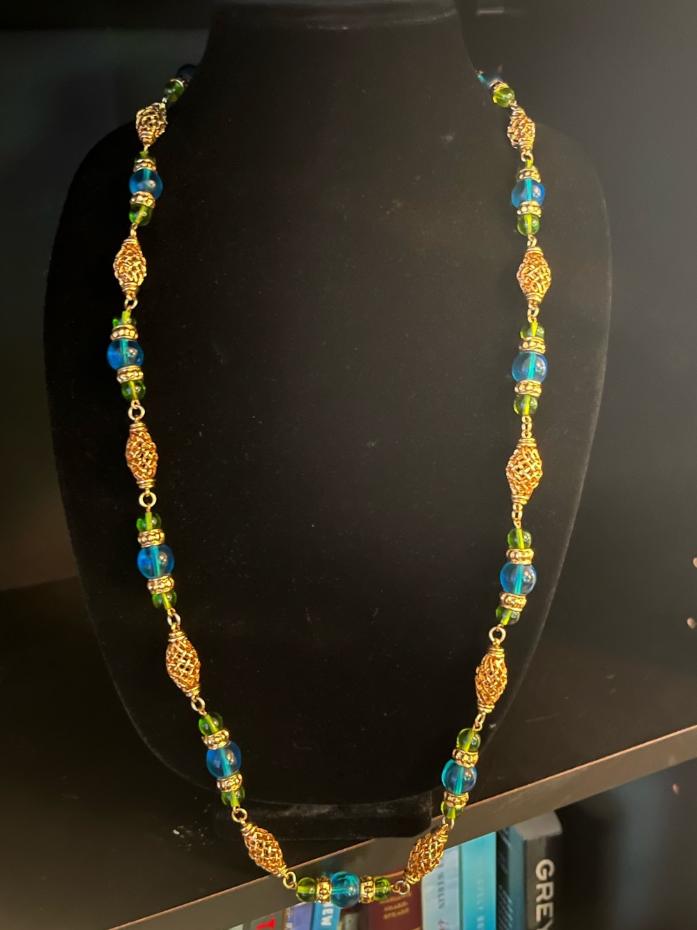Sandra Miller Burrows(SMB) Gold-tone Filigree Necklace with Blue and Green Beads
